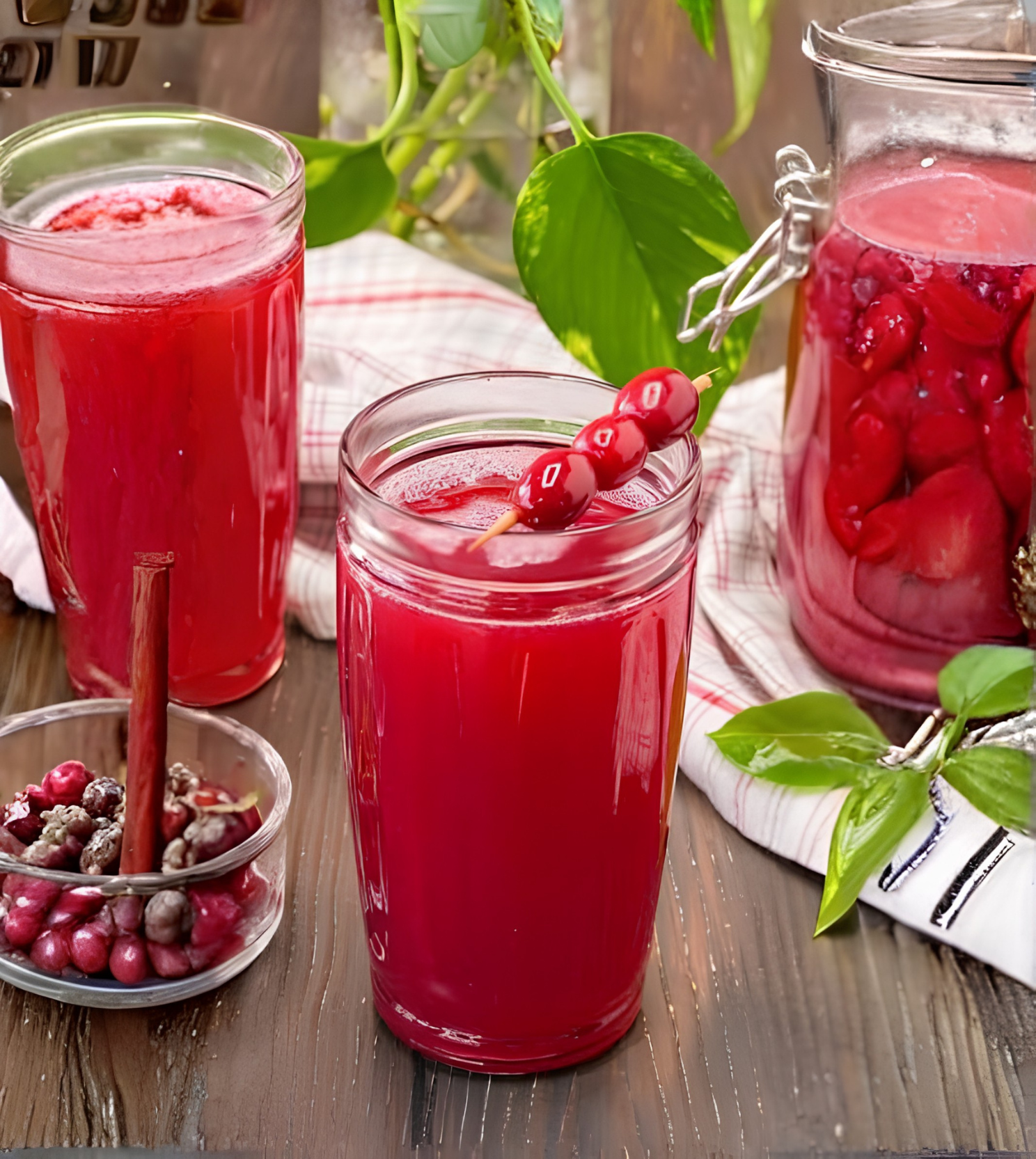 Glasses and a glass pitcher of Turkish cranberry sherbet